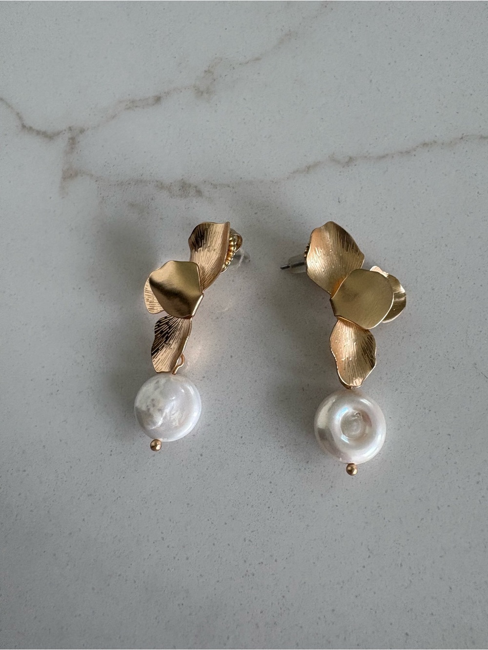 Gold Floral Drop Earrings with White Pearl Accent